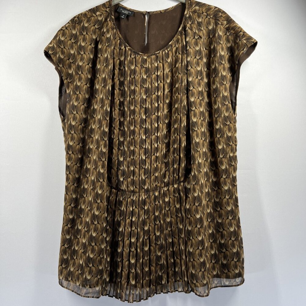 Talbots Women's Top 14 Brown Feathers Lined Pleated Short Cap Sleeve Pullover